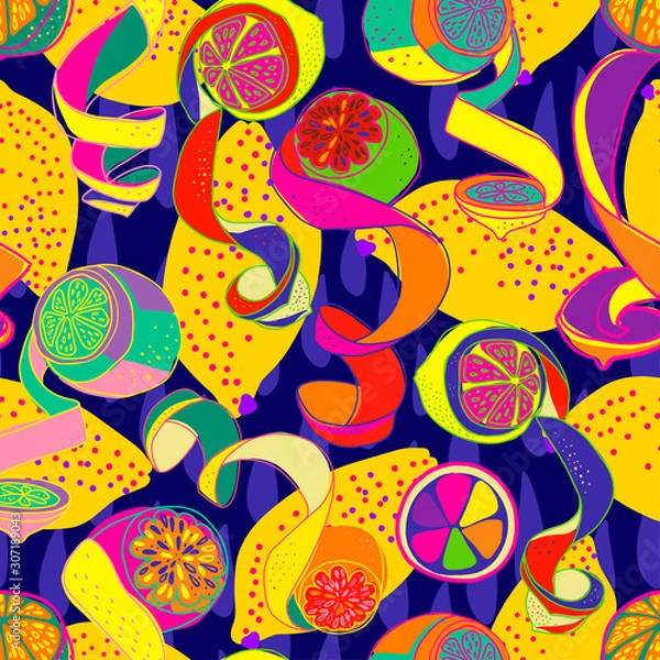 Fototapeta Modern seamless stylized design with citrus in pop-art style. Can be used for printing on paper, packaging, decorations, cards, textiles. 