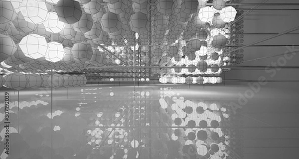 Fototapeta Abstract architectural white interior of  spheres with neon lighting. Drawing. 3D illustration and rendering.