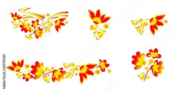 Fototapeta Set of decorative red-yellow flowers ornament. Design pattern. Vector illustration.