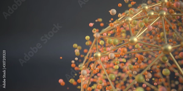 Fototapeta abstract connection interface with lines and dots 3D rendering.abstract golden atom close up as a scientific background.Elementary particles in atom. Physics concept. 3D render.