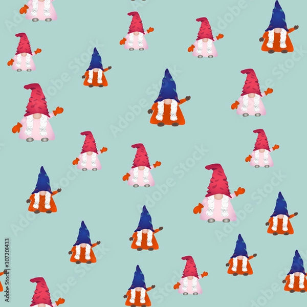 Fototapeta Scandinavian folklore christmas gnomes seamless pattern.