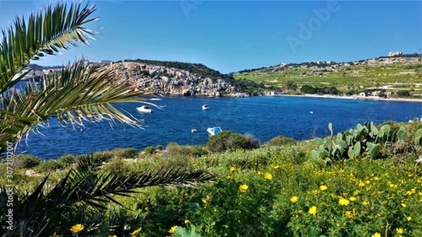 Obraz Mistra, a beautiful bay with boats ands ships between Xemxija and Mellieha, on the west coast of Malta.