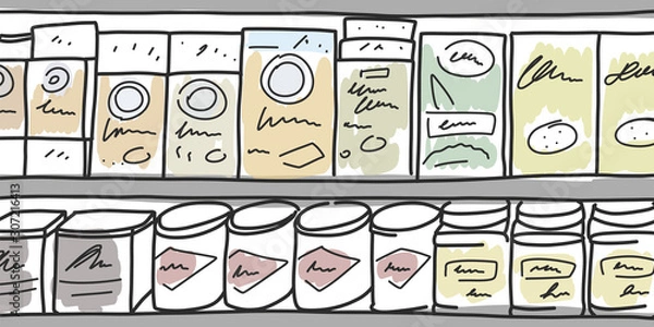 Fototapeta banner boxes and cans groceries in store, cartoon.