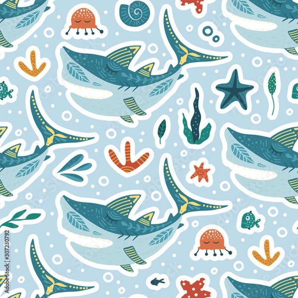 Fototapeta Seamless Ocean Seamless Pattern. Cute Cartoon Vector Shark Illustration. Happy summer Kid Design. Marine Life.