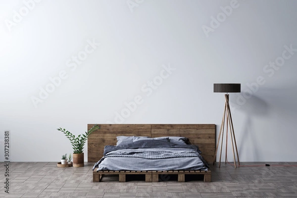 Obraz Pallet bed in front of a white empty wall, Mock-up space, 3D Rendering, 3D Illustration