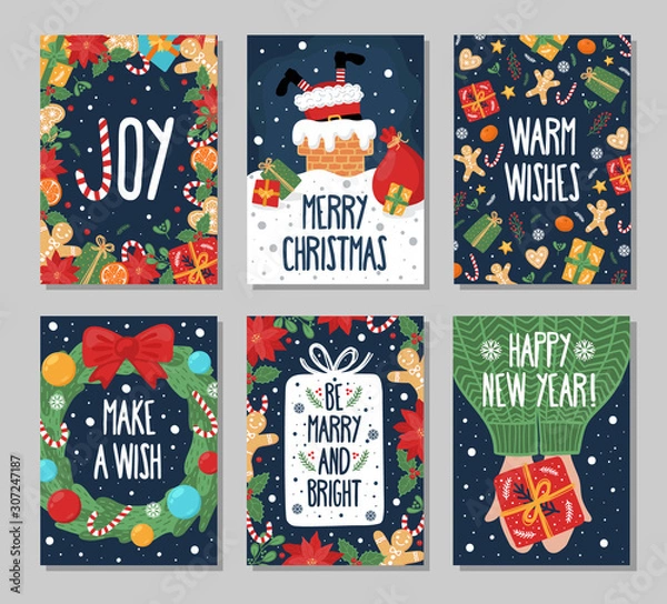 Obraz Set of Christmas and New Year greeting cards with hand-drawn elments. On dark blue background.