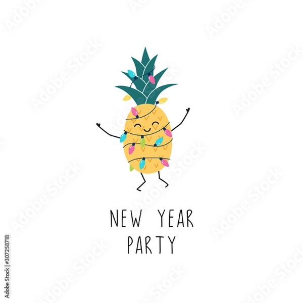 Fototapeta Cartoon funny pineapple dancing at a New Year's party, decorated with garlands. New year card, congratulation, banner, invitation. Vector isolated illustration on a white background.