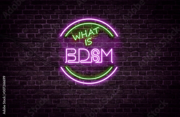 Fototapeta A green and purple neon light sign that reads: What is BDSM