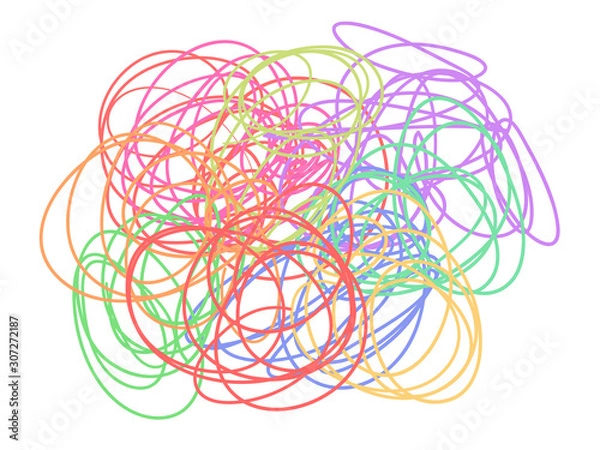 Fototapeta Colorful tangled shape on white. Chaos pattern. Scribble lines