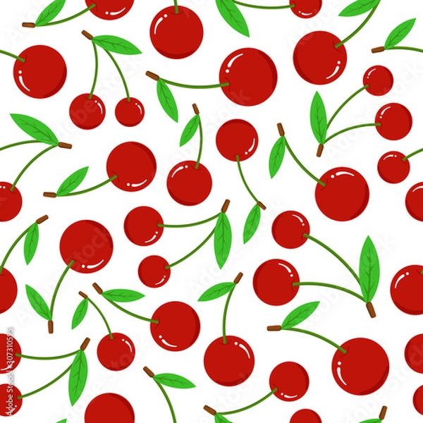 Fototapeta Cherry seamless pattern on white background. Fresh berry with green leaves flat vector illustration
