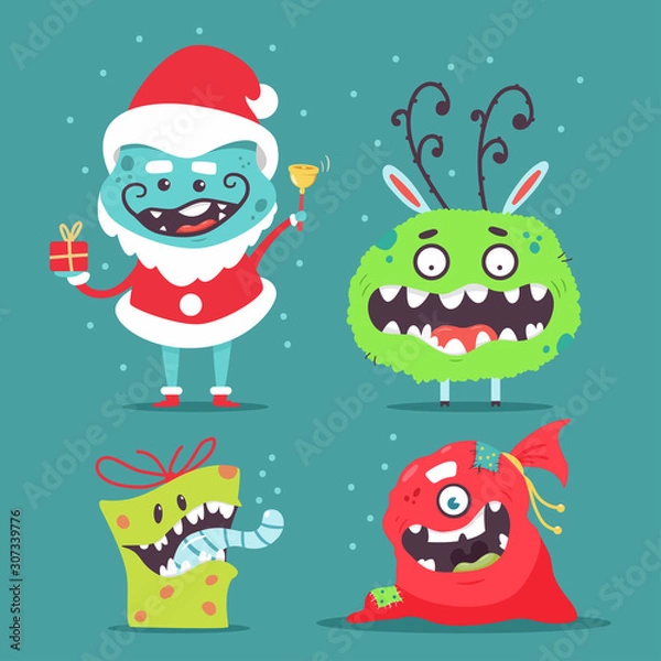 Obraz Cute Christmas monster vector cartoon characters set isolated on background.