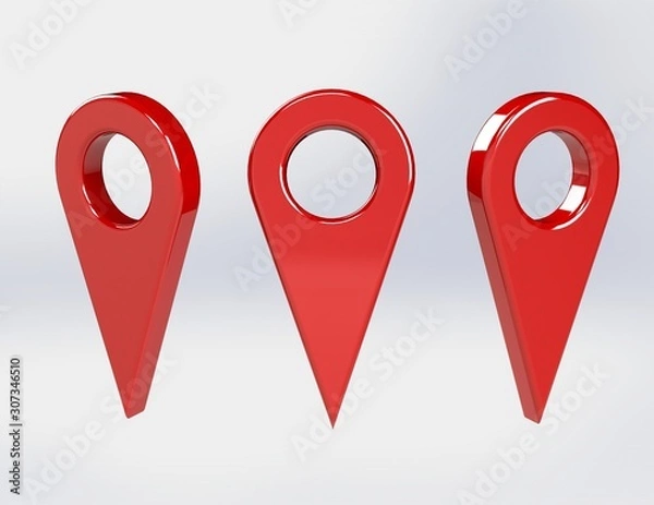 Fototapeta Red 3D map pointer, symbol, position isolated on white background - illustration