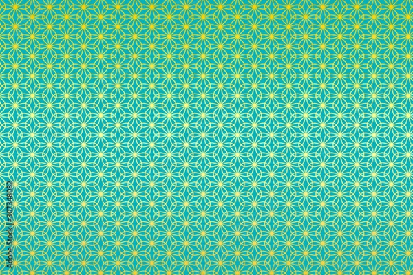 Fototapeta 和柄 輪違い麻の葉 花 浅葱色