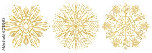 Fototapeta Set of snowflake sketch icon isolated on white background. Hand drawn mandala. Swirl gold icons for infographic, website, design or app.