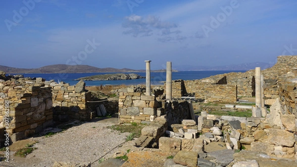Fototapeta Iconic and amazing archaeological site in uninhabited island of Delos, Cyclades, Greece