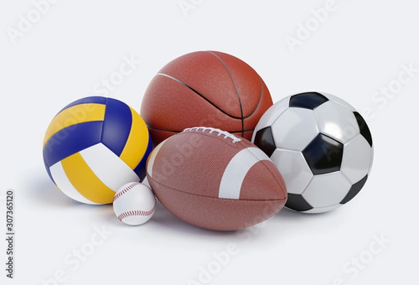 Fototapeta Various sports balls. Sports Equipment on White Background with clipping path. Render 3d illustration