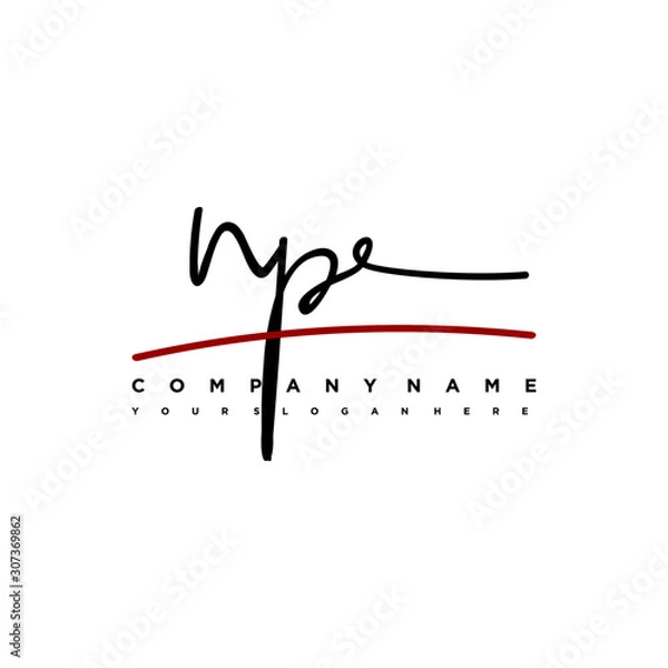Fototapeta NP signature initials. Handwritten logo vector template with red underline. Hand drawn Calligraphy lettering Vector illustration.