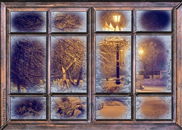 Fototapeta frozen window view the night before christmas
