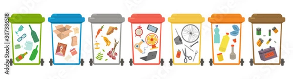 Obraz Segregacja odpadów, Sortowanie odpadów do recyklingu, sortowanie śmieci, kosze do recyklingu. Różne rodzaje śmieci: papier, tworzywa sztuczne, złom metalowy, szkło, organiczne, e-odpady. Ilustracja wektorowa nowoczesne mieszkanie.