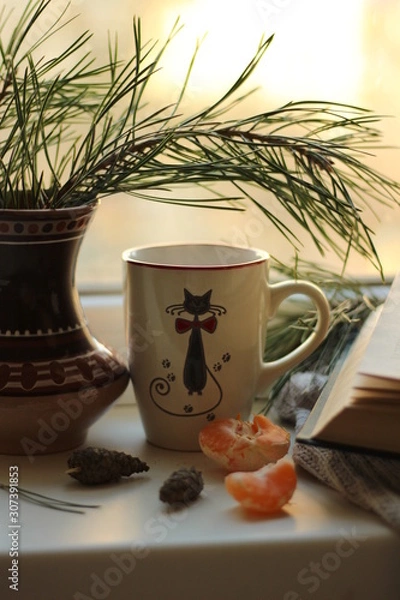 Obraz still life with tea and book