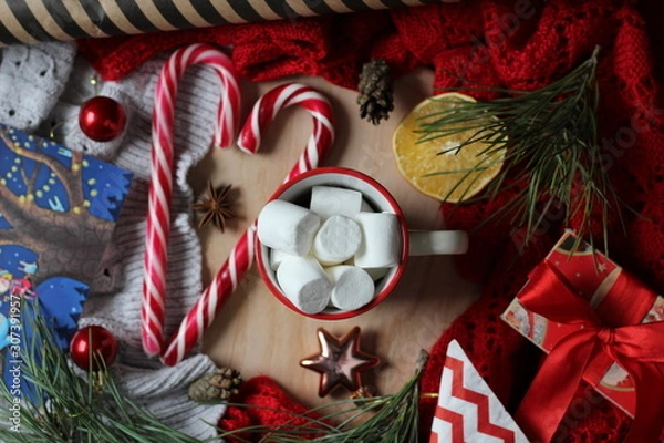 Obraz christmas candy, cup with marshmallows and decorations
