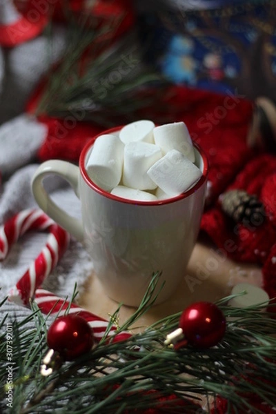 Obraz christmas candy, cup with marshmallows and decorations