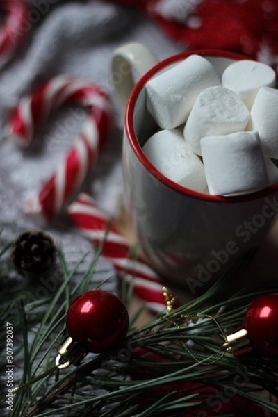 Obraz christmas candy, cup with marshmallows and decorations