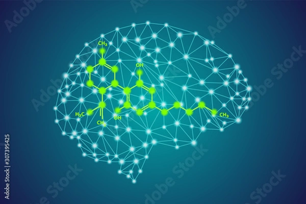 Fototapeta Glow Green Cannabidiol (CBD) Cząsteczka Chemiczna wzór chemiczny w splotu wielokątnym Niski Poly Brain Silhouette Widok z boku, Stock Vector Ilustration Ilustration Element Design na niebieskim tle
