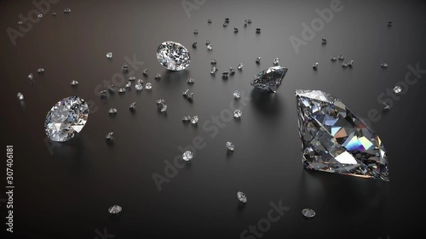 Fototapeta Group of Clear Diamonds on black matte table. 3d rendering