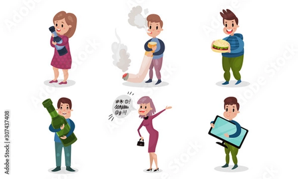 Fototapeta People Having Bad Habits Vector Illustrations Set. Harmful Addictions Concept
