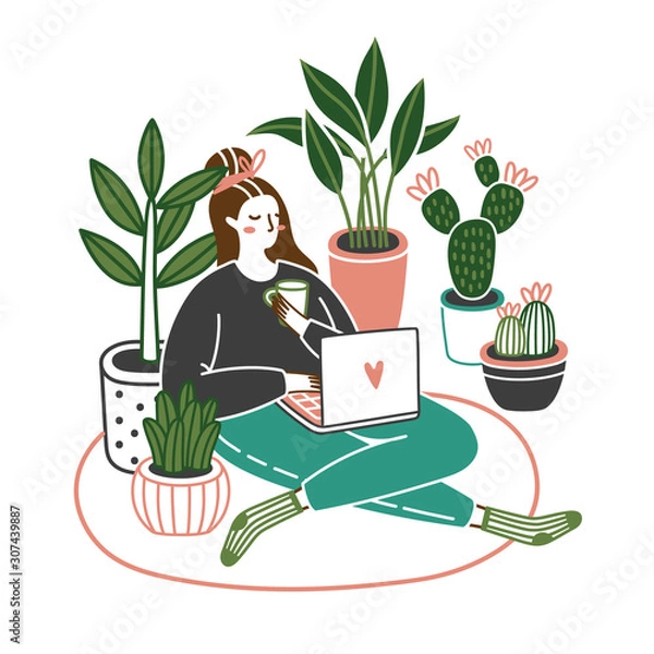 Obraz Cute young woman sitting on the floor with a laptop at home with plants growing in pots. Working or relax. Cartoon vector illustration.