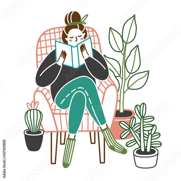Obraz Woman at home reading a book in chair. Girl sitting in chair reading interesting book, or studying. Crazy plant lady. Vector illustration isolated on white background. 