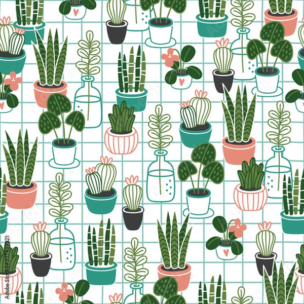 Obraz Cute Flowers in pots on white background. House plants. Seamless background pattern. Vector illustration for textile print, wallpaper, wrapping paper. 
