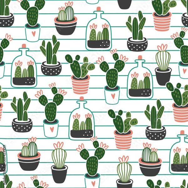 Obraz Cute Flowers in pots on white background. House plants. Seamless background pattern. Vector illustration for textile print, wallpaper, wrapping paper. 