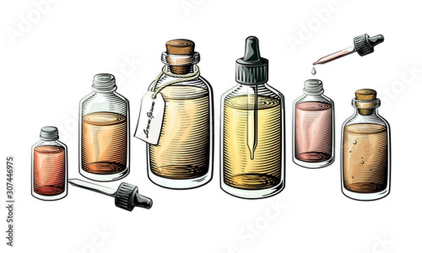 Obraz Small extracts, essential oil or medicine bottle set. Bottles filled with liquid vector illustration.