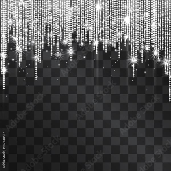 Fototapeta Luxurious silver white glittering tinsel frame with shining confetti. Glowing lacy decorative garland, expensive festive concept. Curtains metallic glow arch for invitation posters, party flyers.