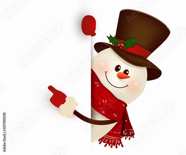Fototapeta Happy smiling snowman standing behind a blank sign showing on big blank sign. vector illustration.
