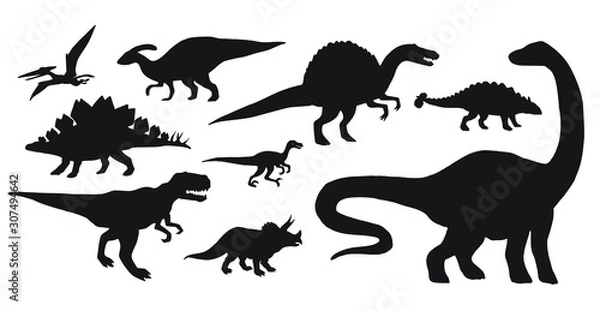 Fototapeta Vector set bundle of black dinosaurs silhouette isolated on white background