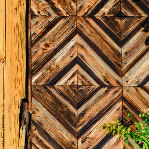 Fototapeta Closeup fragment of a beautiful antique door with a loop. Old textured antique doors. A carved tree. Vintage background.