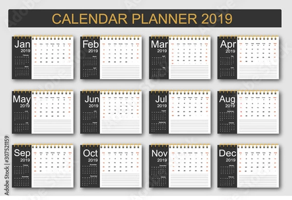 Fototapeta 2019 Calendar Planner Design. Monthly scheduler. Week starts on Sunday. Set of 12 months. Vector illustrator.