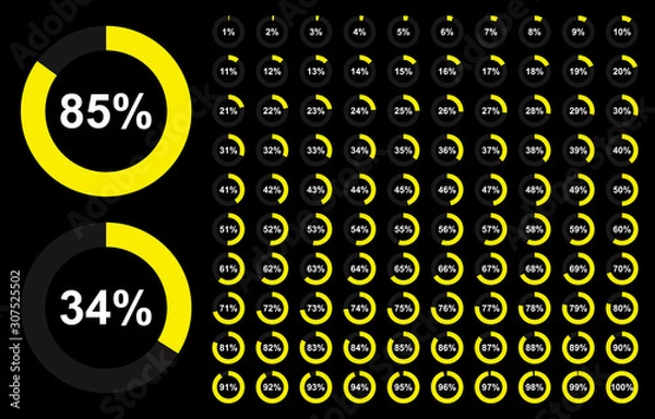 Fototapeta Pie chart full set, ring percentage diagram collection, loading circle icon, yellow isolated on black background, vector illustration.