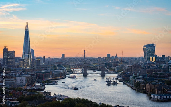 Fototapeta Aerial view of the City of London at sunset