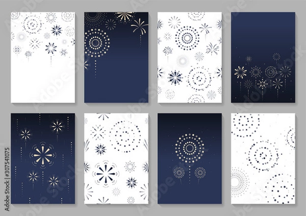 Fototapeta Set of greeting card decorated with fireworks. Cartoon style. White and dark blue background. Vector illustration.