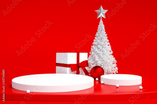 Fototapeta White christmas tree, gift box and christmas ball Ornaments object group with podium display stand on red background 3d rendering. 3d illustration celebration christmas and new year sale concept.