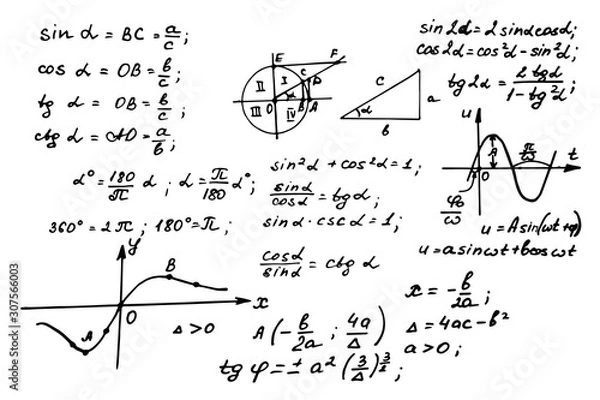 Obraz Wykształcenie Vintage. Teoria prawa trygonometrii i równanie matematyczne na tablicy. Ilustracja wektorowa rysowane ręcznie.