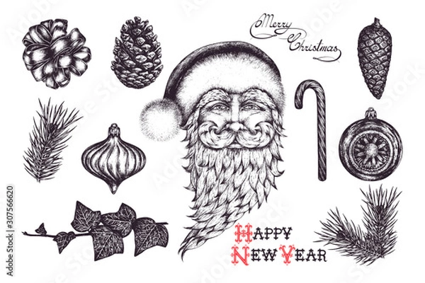 Obraz Vector Vintage hand drawn Christmas decoration set. Isolated elements on white background. Santa Claus, lettering, pine branch, ribbon, candy, Christmas balls, cones, ivy plant. Ink pen illustration. 