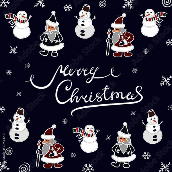 Fototapeta Vector blue drawing in doodle style with lettering composition "Merry Cristmas" above and below surrounded santas, snowmen and snowflakes. For cristmas cards.