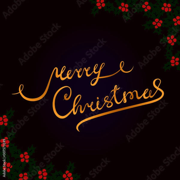 Fototapeta Vector drawing with gold lettering composition "Merry Cristmas". Violet background with holly. For cristmas cards.