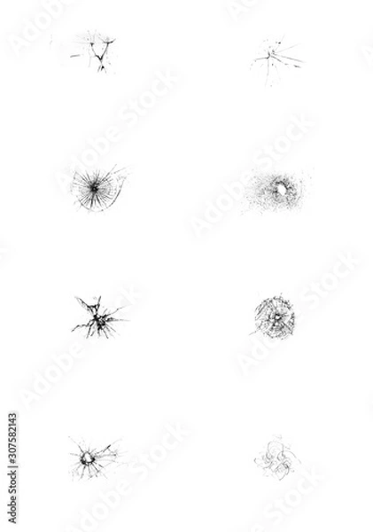 Obraz Set of illustrations of broken glass on white background. Cracks from hitting the window.