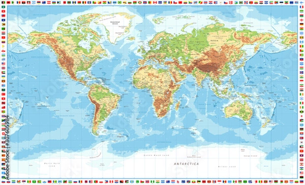 Obraz World Map and Flags - Physical Topographic - Vector Detailed Illustration